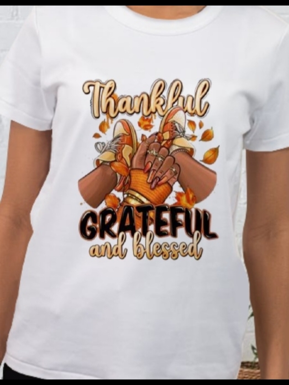 Thankful Grateful and Blessed White Graphic Tee - Orange Accents